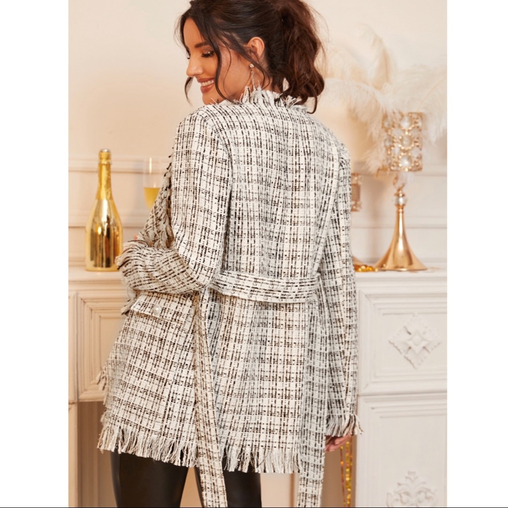 Raw Trim Belted Tweed Wrap Coat - Picture 3 of 3
